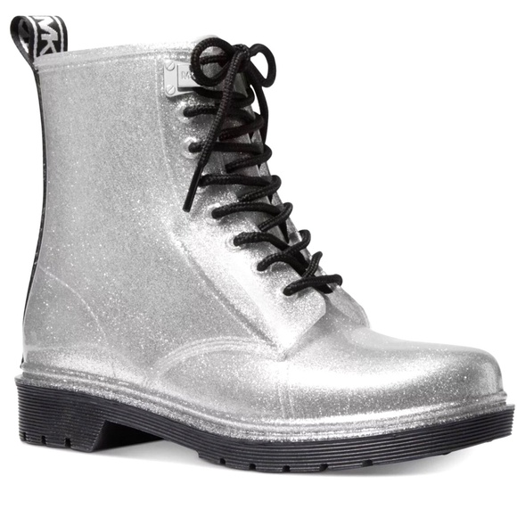 MICHAEL KORS Tavie Silver Logo Tape Lug Sole Lace-Up Rain Bootie Fashion Boots 8 - Picture 5 of 16